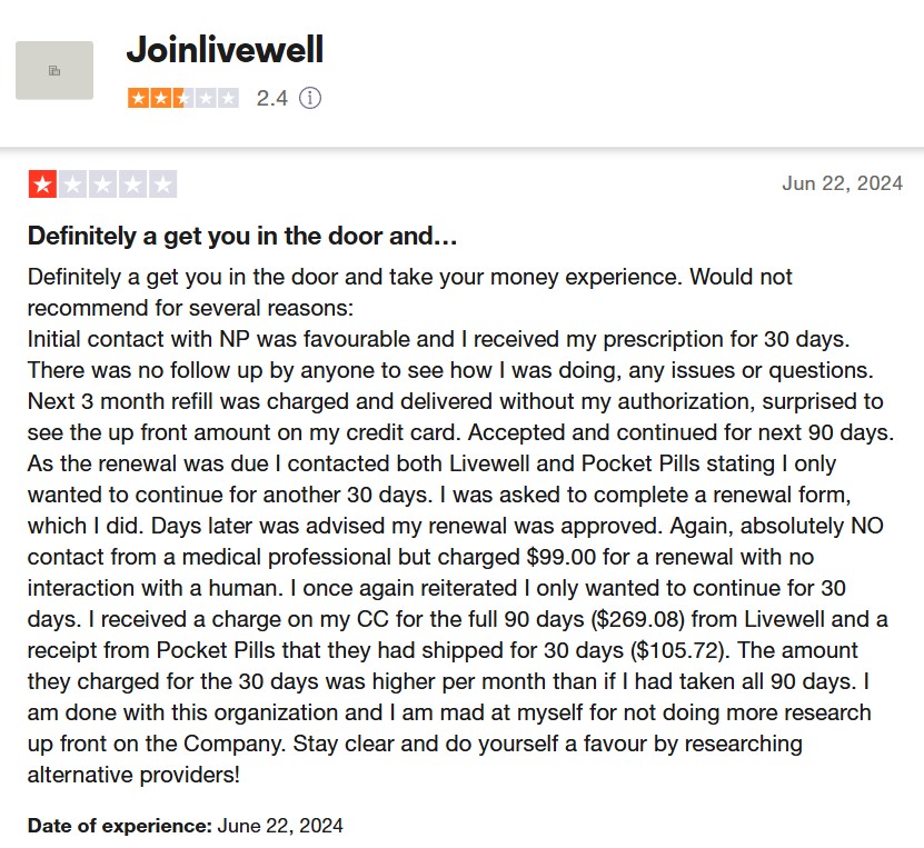 Trustpilot review a negative comment
